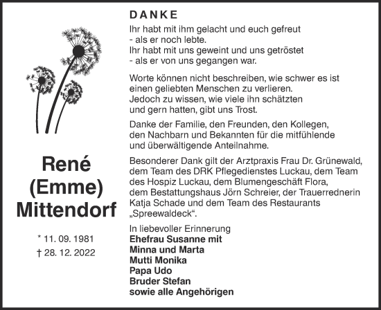 Traueranzeige von René Mittendorf von Lausitzer Rundschau