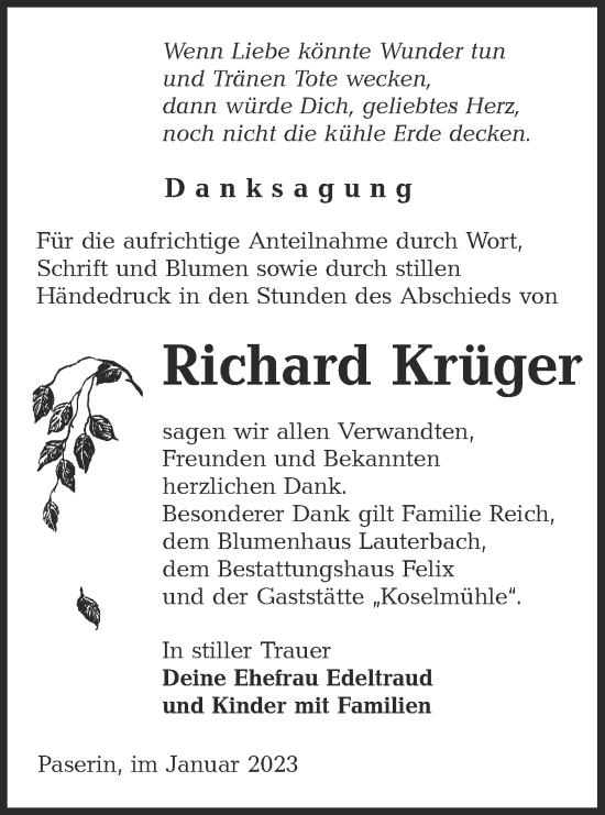 Traueranzeige von Richard Krüger von Lausitzer Rundschau