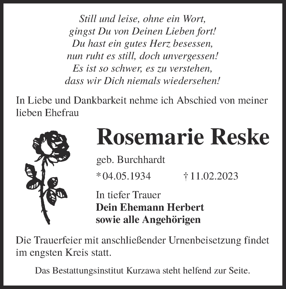  Traueranzeige für Rosemarie Reske vom 18.02.2023 aus Lausitzer Rundschau