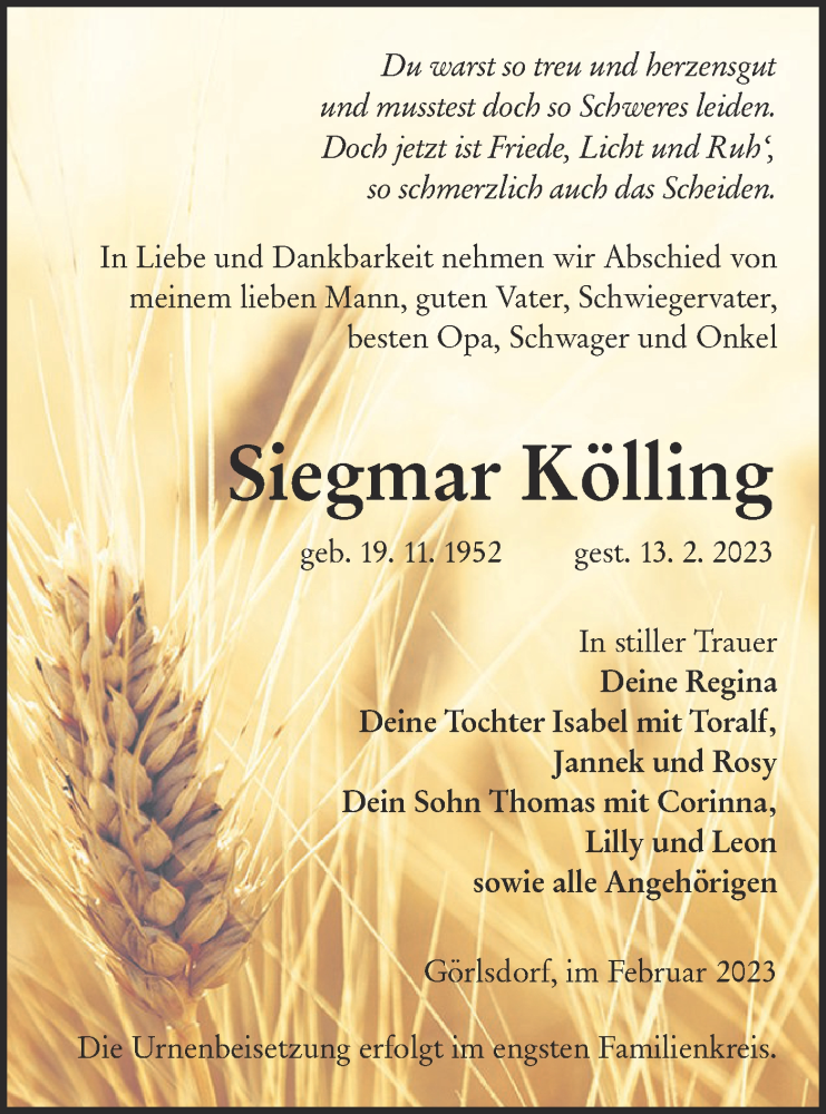  Traueranzeige für Siegmar Kölling vom 18.02.2023 aus Lausitzer Rundschau