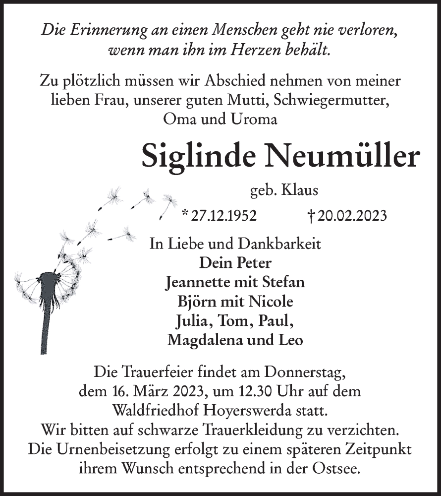  Traueranzeige für Siglinde Neumüller vom 25.02.2023 aus Lausitzer Rundschau