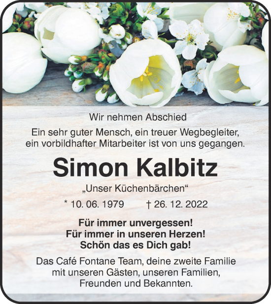 Traueranzeige von Simon Kalbitz von Lausitzer Rundschau