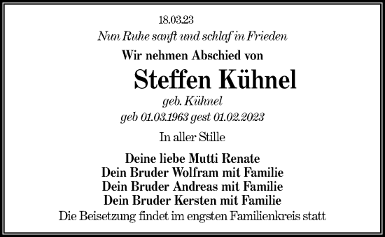 Traueranzeige von Steffen Kühnel von Lausitzer Rundschau