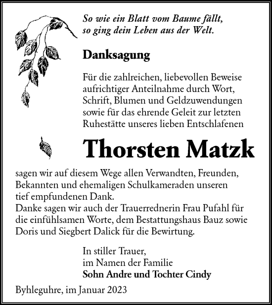 Traueranzeige von Thorsten Matzk von Lausitzer Rundschau
