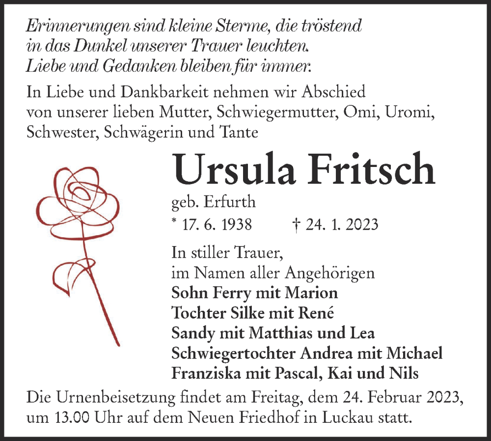  Traueranzeige für Ursula Fritsch vom 04.02.2023 aus Lausitzer Rundschau