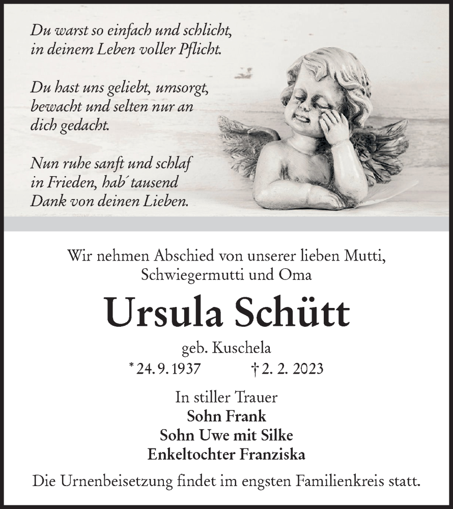  Traueranzeige für Ursula Schütt vom 11.02.2023 aus Lausitzer Rundschau