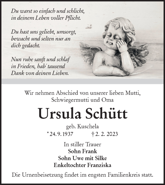 Traueranzeige von Ursula Schütt von Lausitzer Rundschau