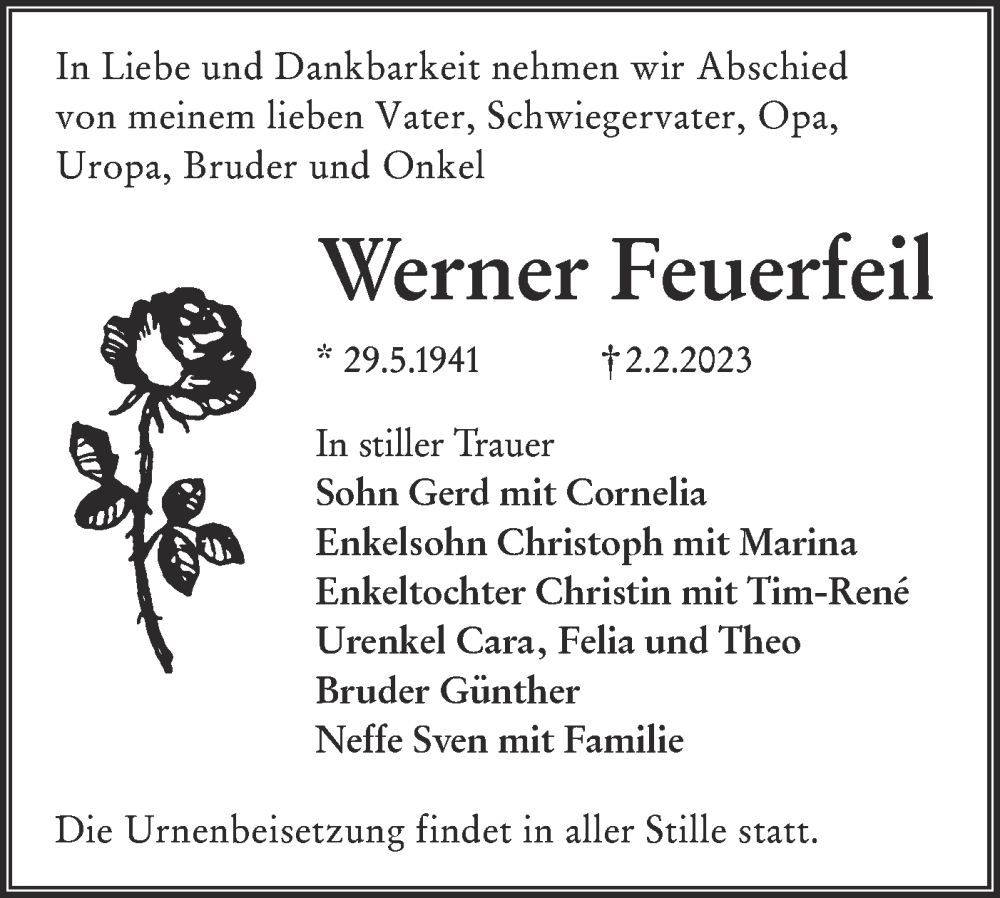  Traueranzeige für Werner Feuerfeil vom 07.02.2023 aus Lausitzer Rundschau