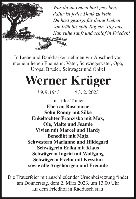 Traueranzeige von Werner Krüger von Lausitzer Rundschau