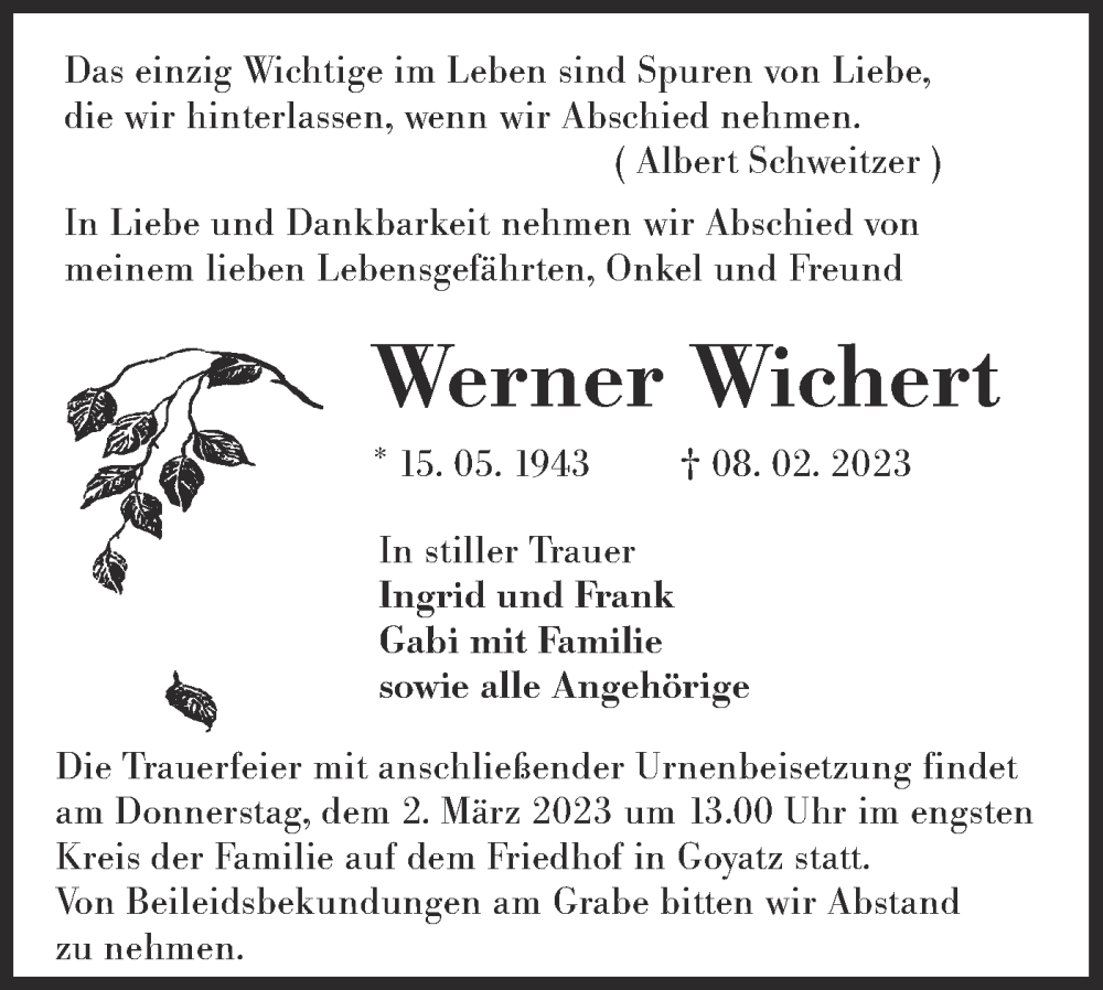  Traueranzeige für Werner Wiehert vom 18.02.2023 aus Lausitzer Rundschau