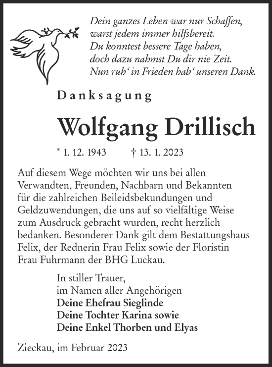 Traueranzeige von Wolfgang Drillisch von Lausitzer Rundschau