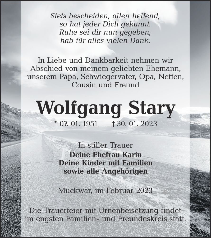  Traueranzeige für Wolfgang Stary vom 11.02.2023 aus Lausitzer Rundschau
