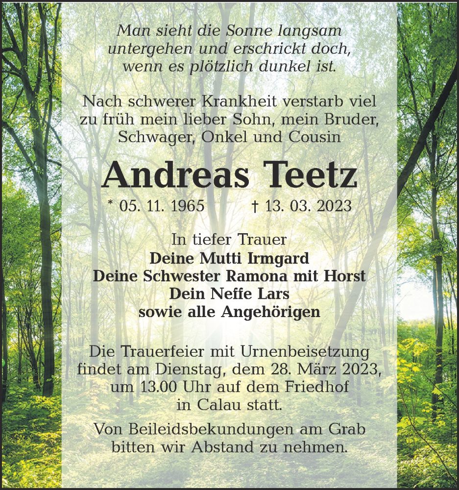  Traueranzeige für Andreas Teetz vom 18.03.2023 aus Lausitzer Rundschau