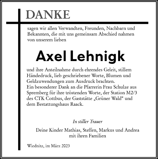 Traueranzeige von Axel Lehnigk von Lausitzer Rundschau