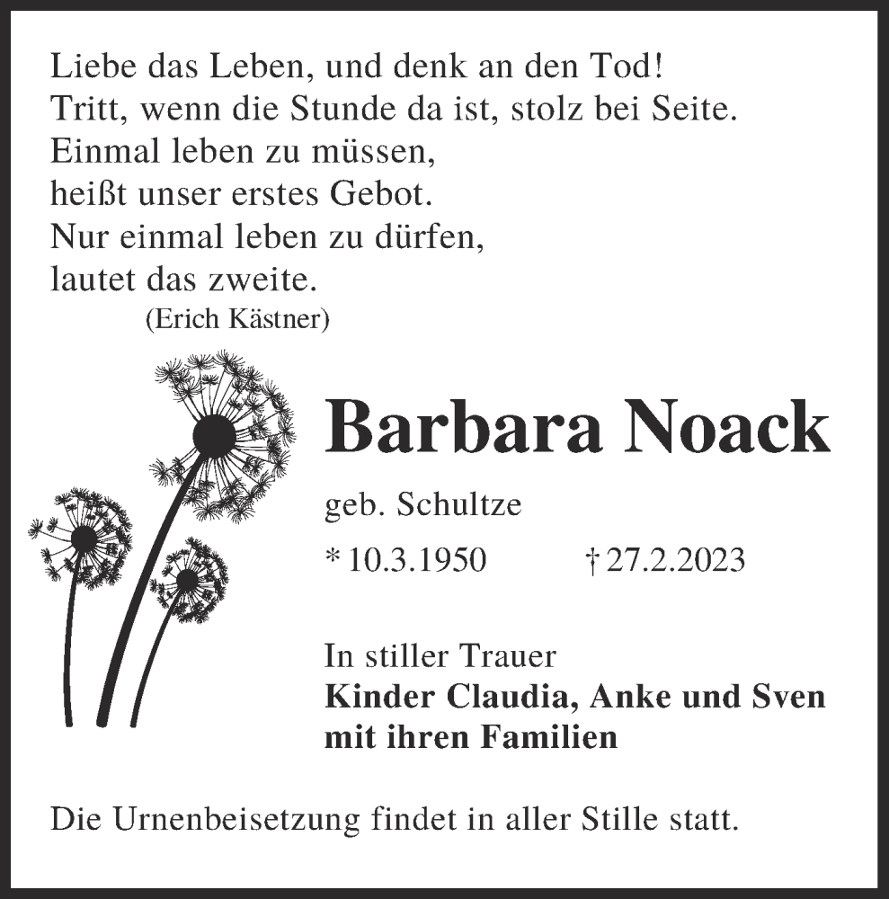  Traueranzeige für Barbara Noack vom 11.03.2023 aus Lausitzer Rundschau