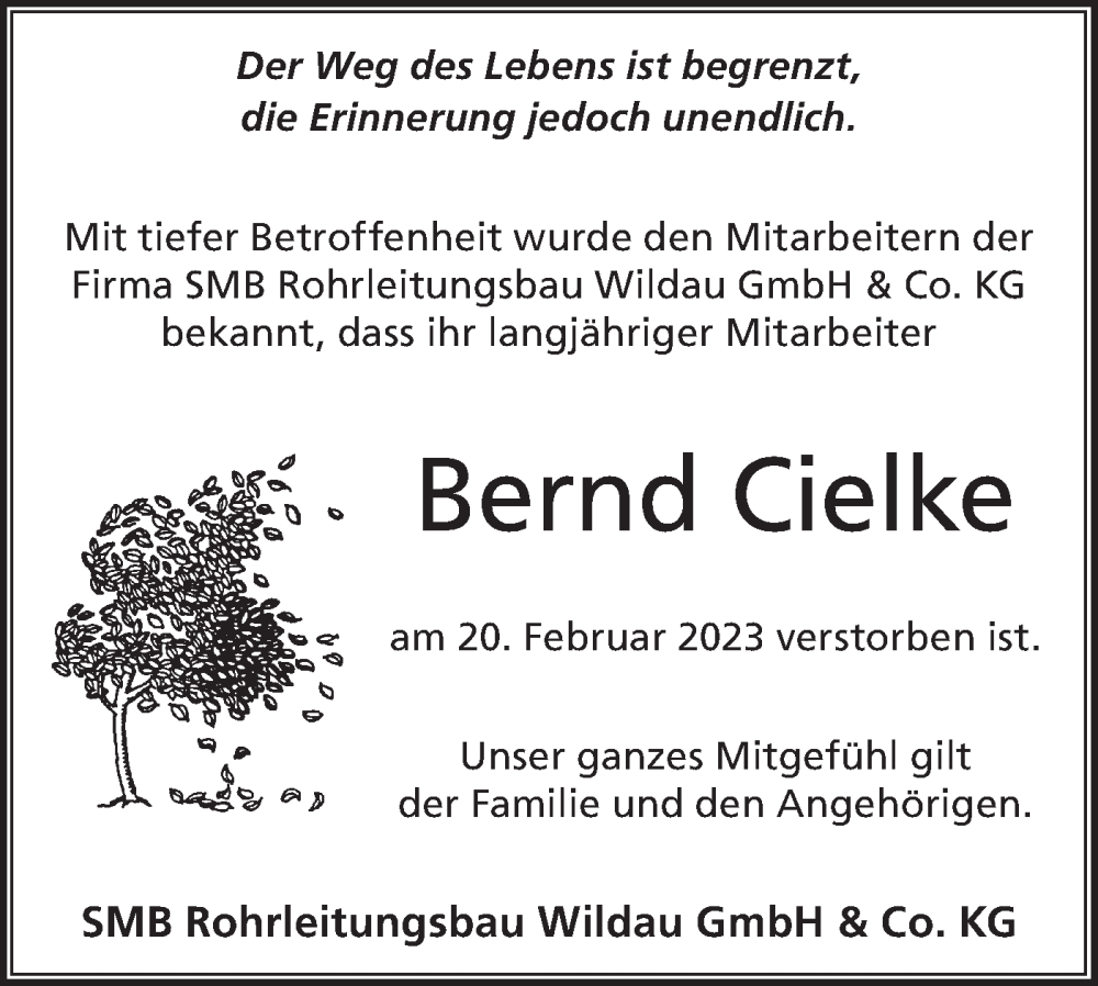  Traueranzeige für Bernd Cielke vom 04.03.2023 aus Lausitzer Rundschau