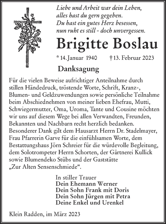 Traueranzeige von Brigitte Boslau von Lausitzer Rundschau