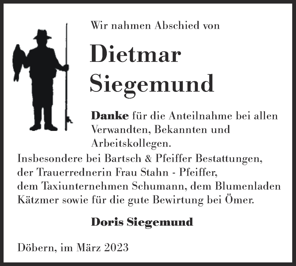  Traueranzeige für Dietmar Siegemund vom 18.03.2023 aus Lausitzer Rundschau