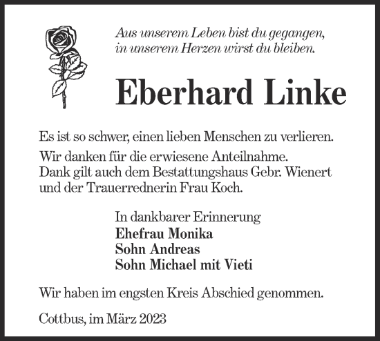 Traueranzeige von Eberhard Linke von Lausitzer Rundschau