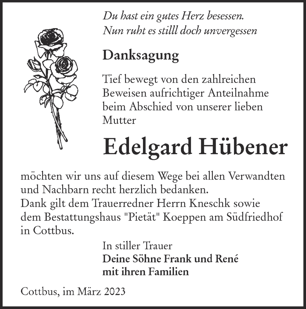  Traueranzeige für Edelgard Hübener vom 18.03.2023 aus Lausitzer Rundschau