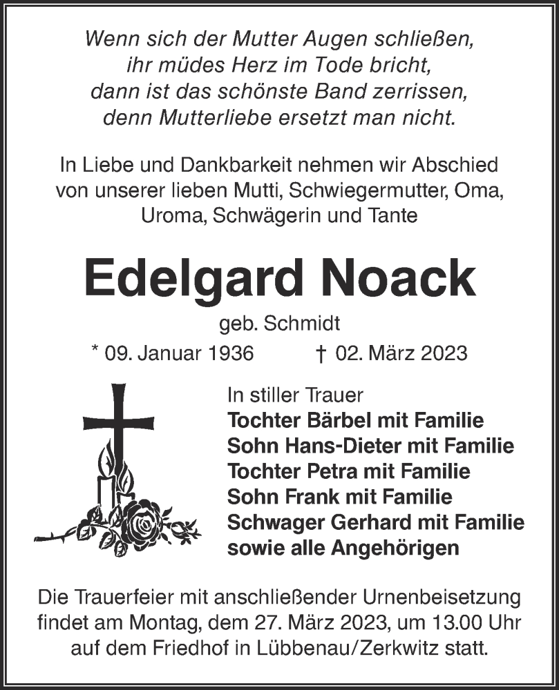  Traueranzeige für Edelgard Noack vom 18.03.2023 aus Lausitzer Rundschau