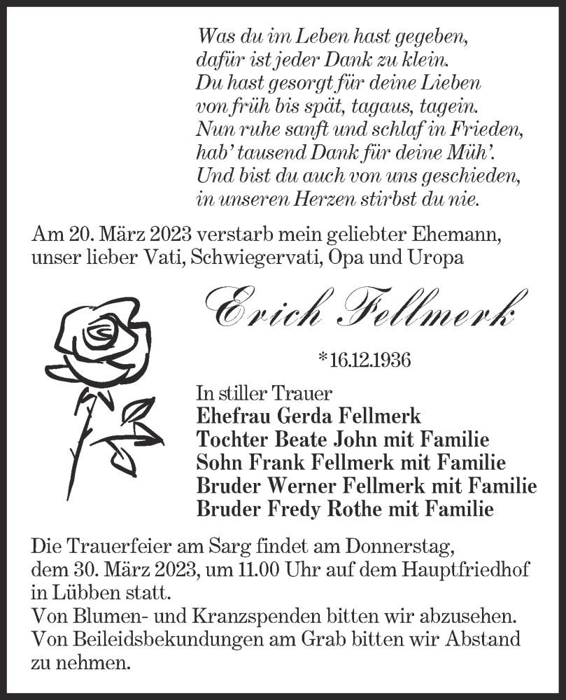  Traueranzeige für Erich Fellmerk vom 25.03.2023 aus Lausitzer Rundschau
