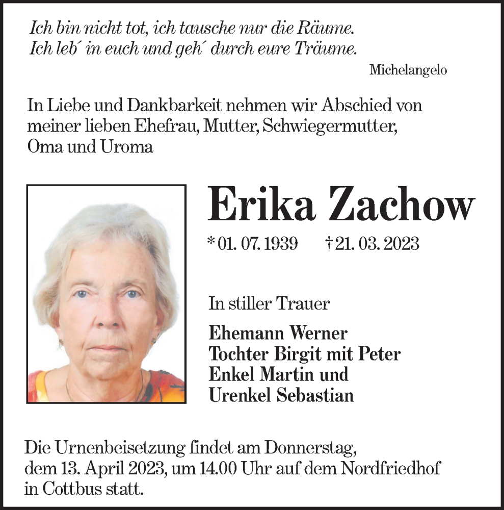  Traueranzeige für Erika Zachow vom 25.03.2023 aus Lausitzer Rundschau