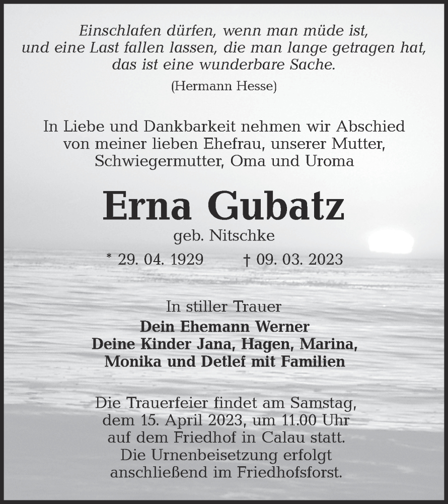  Traueranzeige für Erna Gubatz vom 18.03.2023 aus Lausitzer Rundschau