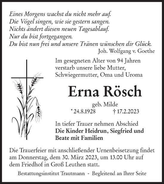 Traueranzeige von Erna Rösch von Lausitzer Rundschau