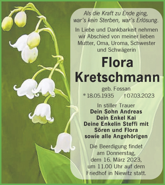 Traueranzeige von Flora Kretschmann von Lausitzer Rundschau