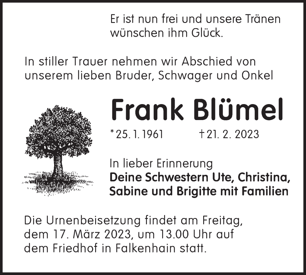  Traueranzeige für Frank Blümel vom 04.03.2023 aus Lausitzer Rundschau