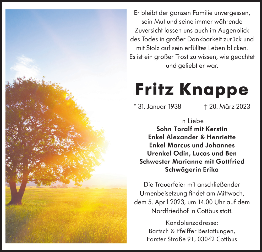 Traueranzeige für Fritz Knappe vom 25.03.2023 aus Lausitzer Rundschau