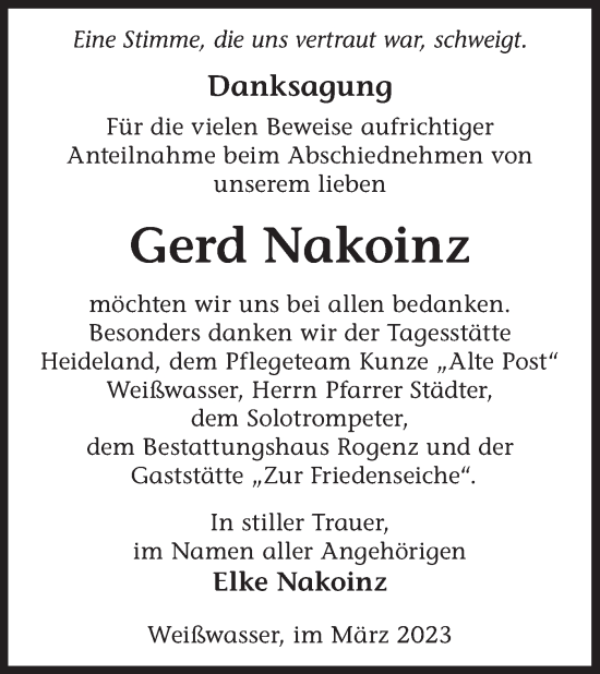 Traueranzeige von Gerd Nakoinz von Lausitzer Rundschau