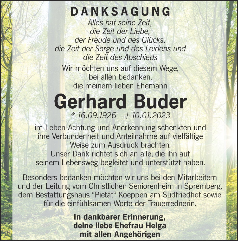 Traueranzeige für Gerhard Buder vom 11.03.2023 aus Lausitzer Rundschau