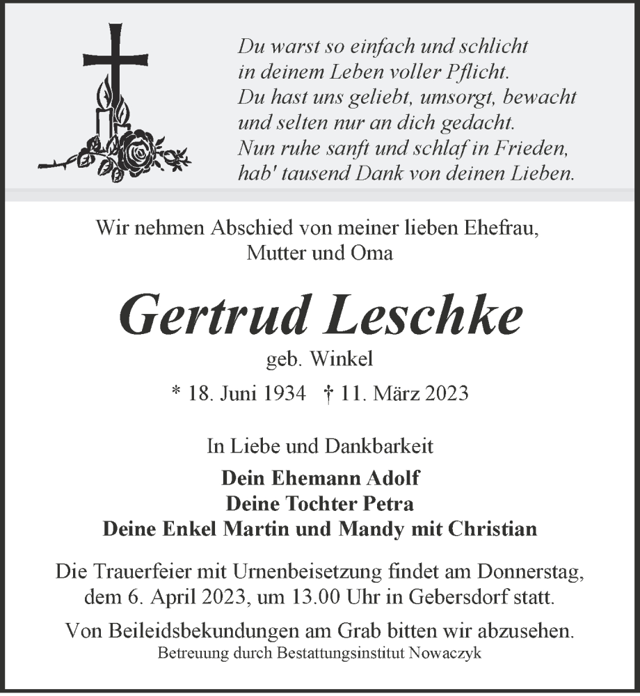  Traueranzeige für Gertrud Leschke vom 18.03.2023 aus Lausitzer Rundschau