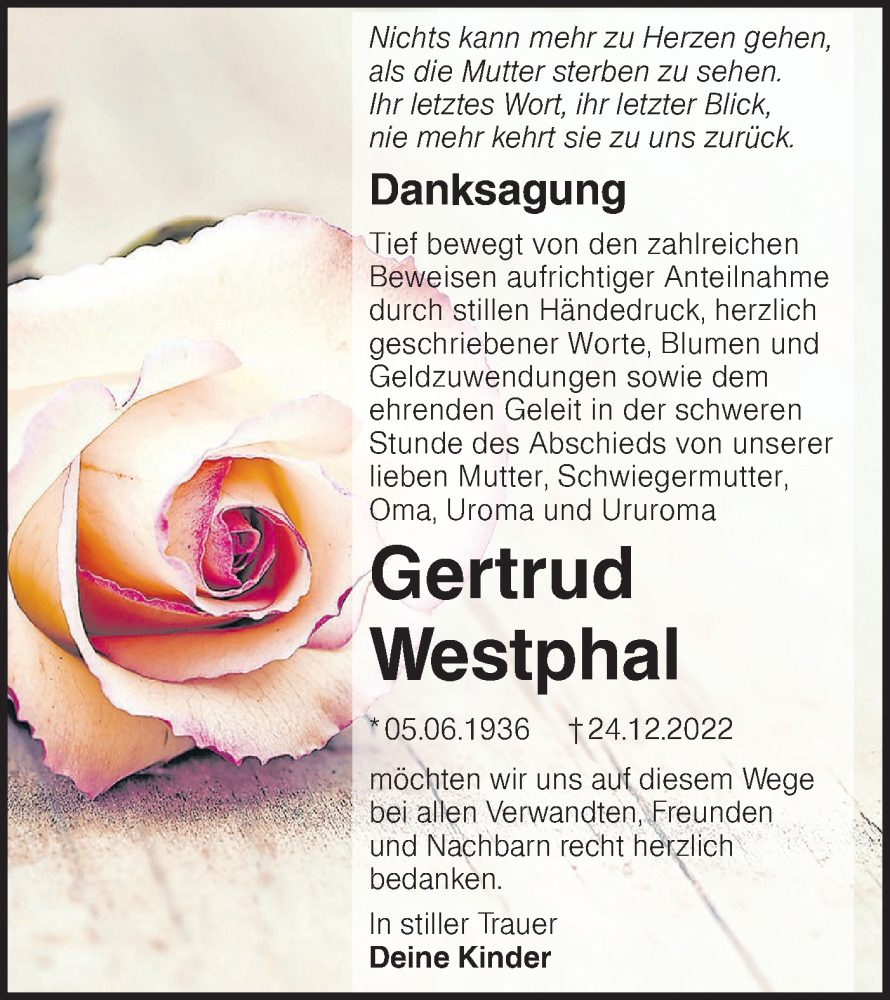  Traueranzeige für Gertrud Westphal vom 04.03.2023 aus Lausitzer Rundschau