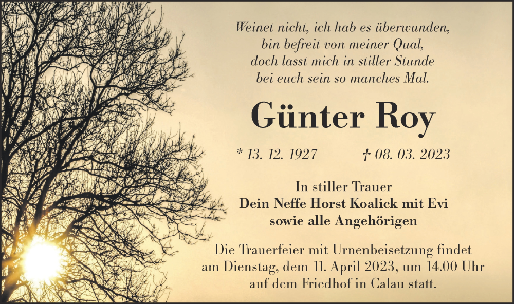  Traueranzeige für Günter Roy vom 18.03.2023 aus Lausitzer Rundschau