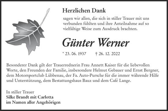 Traueranzeige von Günter Werner von Lausitzer Rundschau