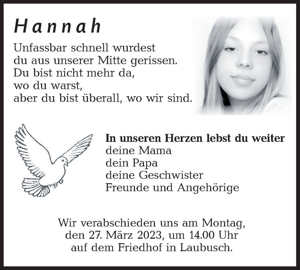  Traueranzeige für Hannah  vom 23.03.2023 aus Lausitzer Rundschau