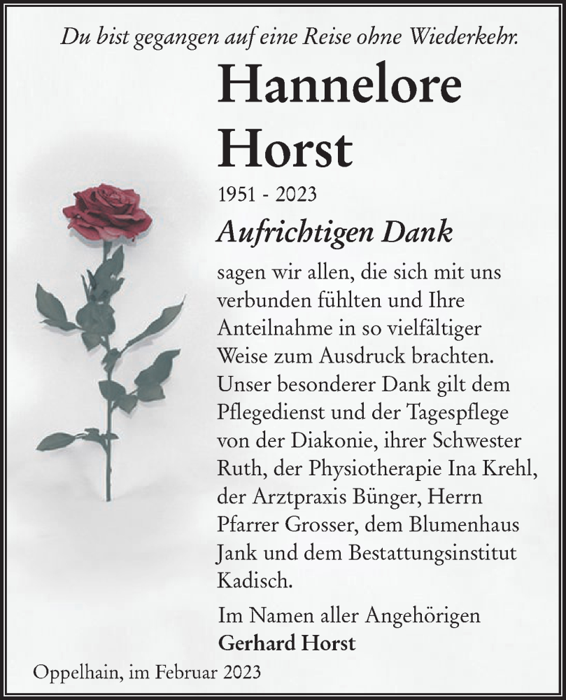  Traueranzeige für Hannelore Horst vom 18.03.2023 aus Lausitzer Rundschau