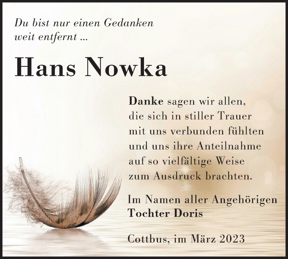  Traueranzeige für Hans Nowka vom 04.03.2023 aus Lausitzer Rundschau