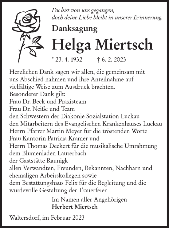 Traueranzeige von Helga Miertsch von Lausitzer Rundschau