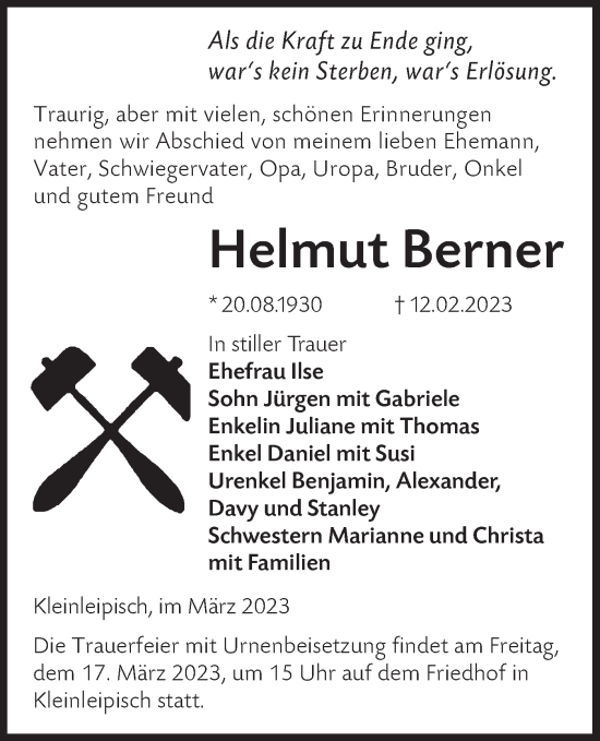 Traueranzeige von Helmut Berner von Lausitzer Rundschau