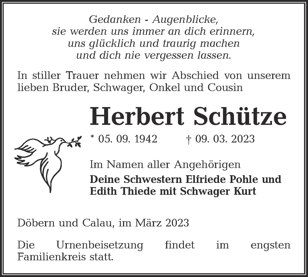  Traueranzeige für Herbert Schütze vom 18.03.2023 aus Lausitzer Rundschau