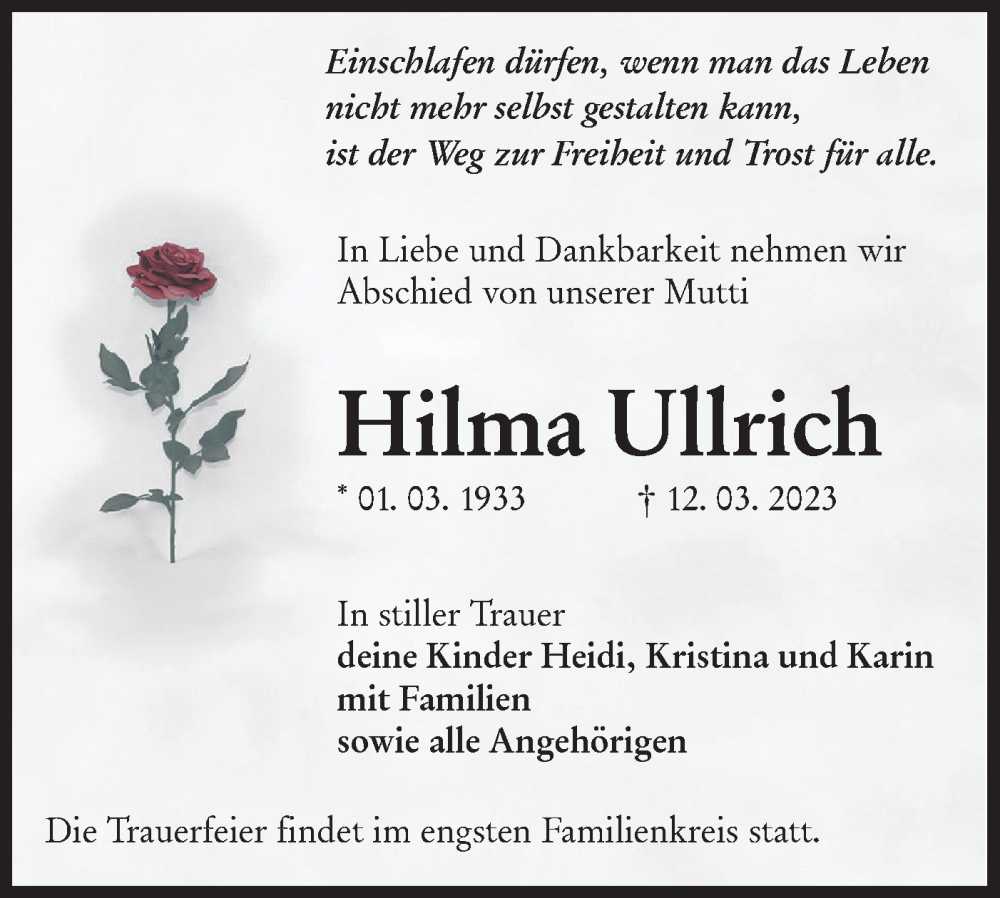  Traueranzeige für Hilma Ullrich vom 18.03.2023 aus Lausitzer Rundschau