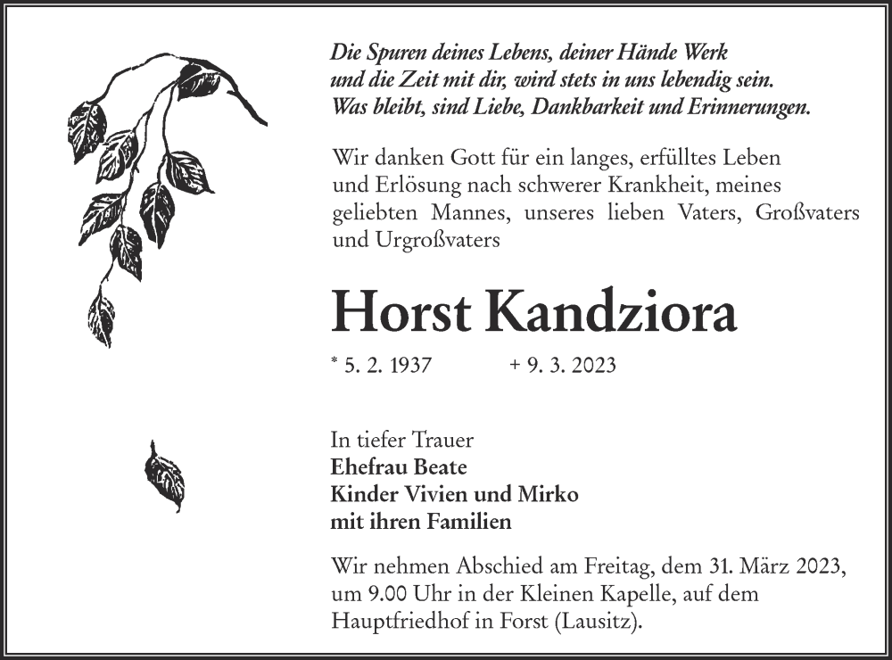  Traueranzeige für Horst Kandziora vom 18.03.2023 aus Lausitzer Rundschau