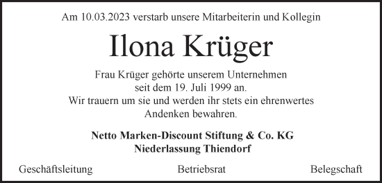 Traueranzeige von Ilona Krüger von Lausitzer Rundschau