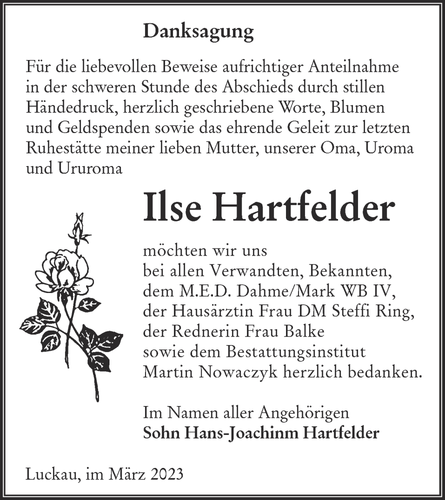  Traueranzeige für Ilse Hartfelder vom 18.03.2023 aus Lausitzer Rundschau