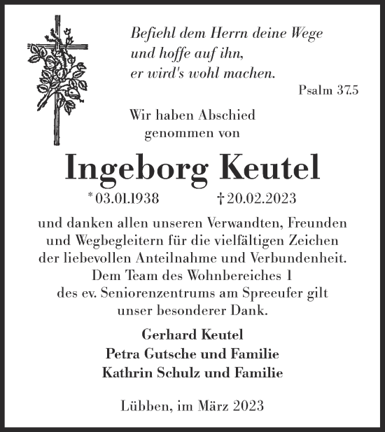 Traueranzeige von Ingeborg Keutel von Lausitzer Rundschau