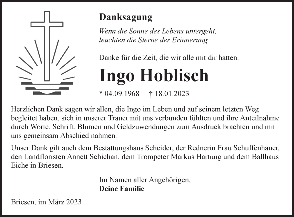  Traueranzeige für Ingo Hoblisch vom 04.03.2023 aus Lausitzer Rundschau